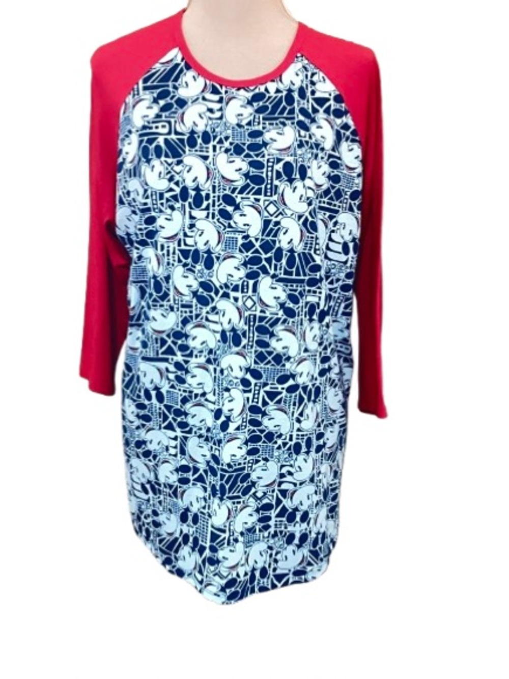 LulaRoe XL Graphic Navy & White Mickey Print Raglan Tunic Red Sleeves Patriotic